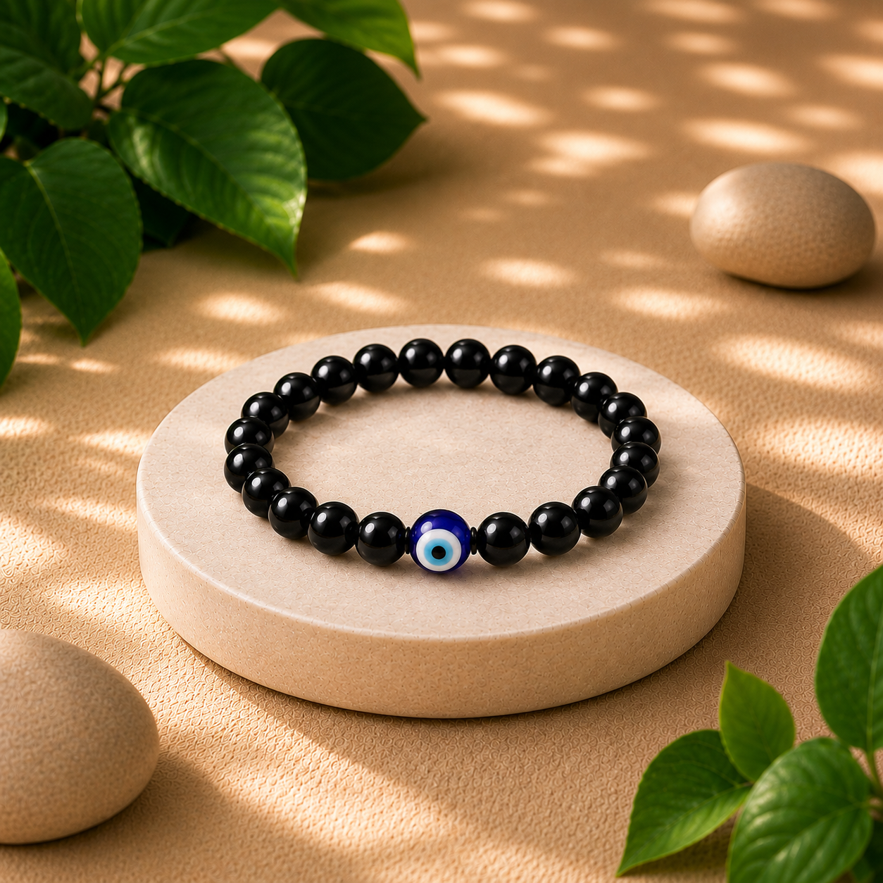 Black beaded bracelet with a blue evil eye bead on a beige stone surface with green leaves and stones.