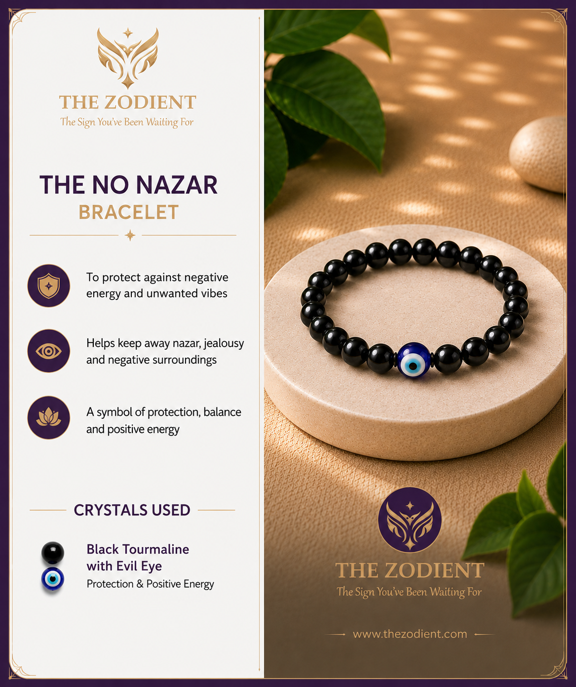 Black beaded bracelet with a blue evil eye bead on a wooden stand, branded 'The Zodient'.