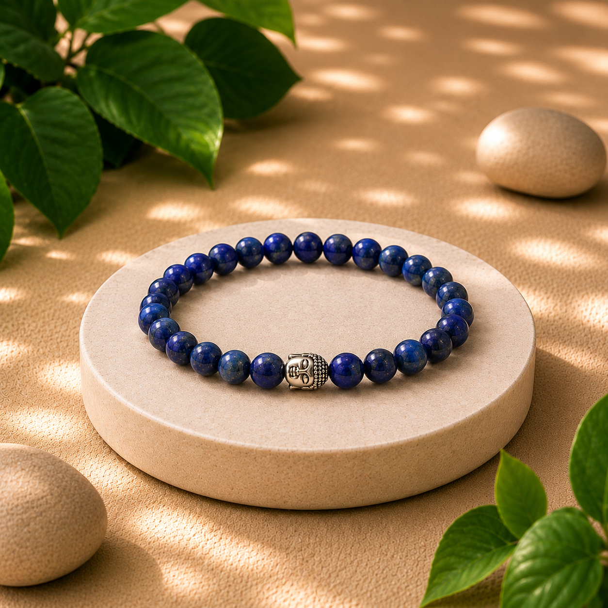 Blue beaded bracelet with a silver Buddha charm on a beige stone surface with green leaves and stones.