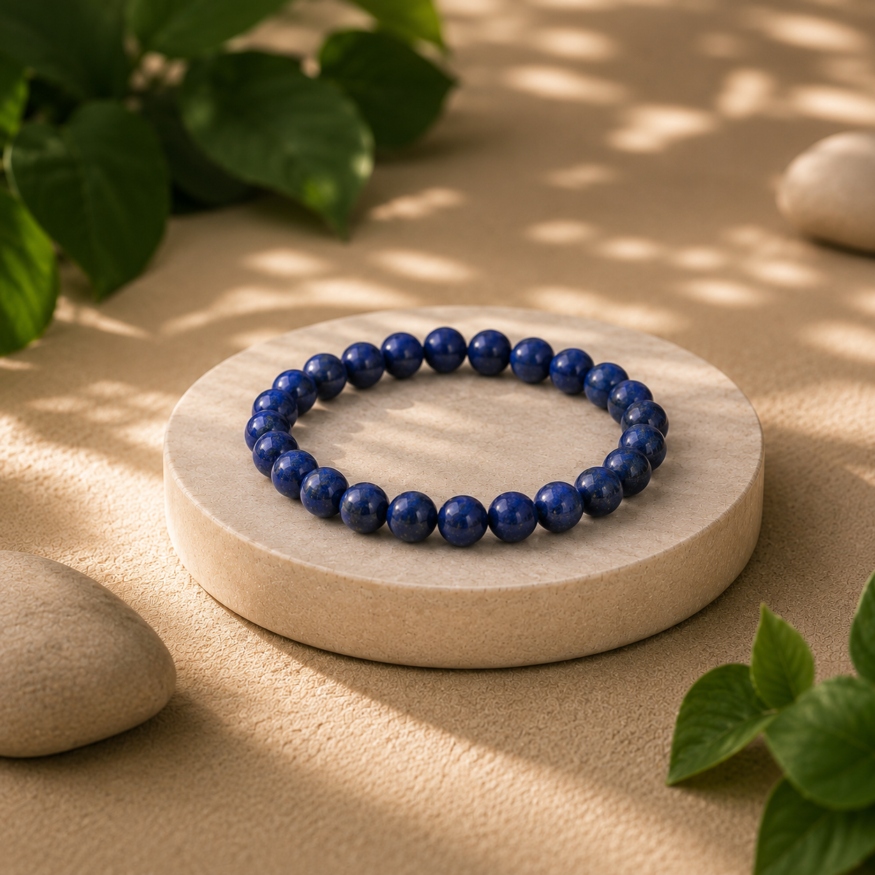 Blue beaded bracelet on a stone surface with natural light and greenery