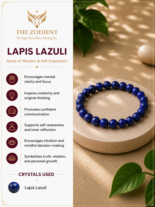 Lapis Lazuli bracelet on a stone surface with green leaves, featuring The Zodient brand.