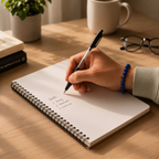 Hand writing in a notebook on a wooden desk with a cup, glasses, and plant in the background