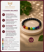 Chakra balance bracelet with descriptive text on a beige background