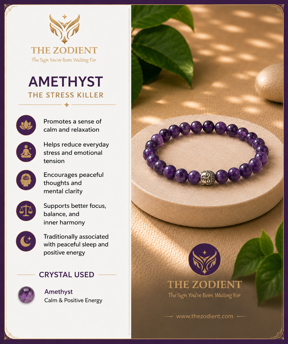 Amethyst bracelet on a wooden stand with promotional text about its benefits, branded 'The Zodient'.