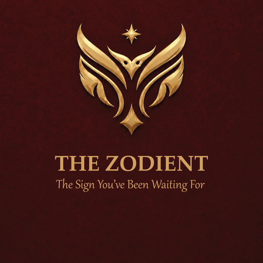 Gold zodiac symbol on a dark red background with 'The Zodient' text.