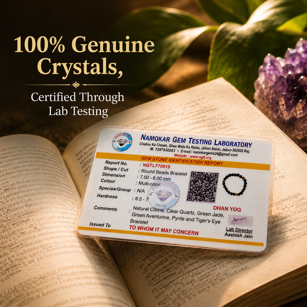 Certified gemstone certificate on an open book with crystals in the background
