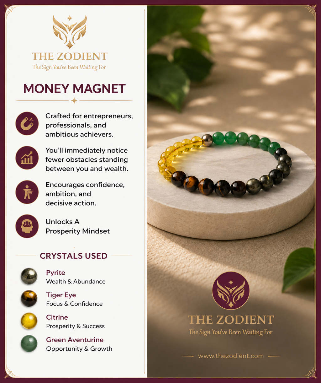 Money Magnet bracelet with crystal elements on a stone surface, branded as 'The Zodient'.