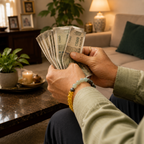Person holding Indian currency notes in a living room setting